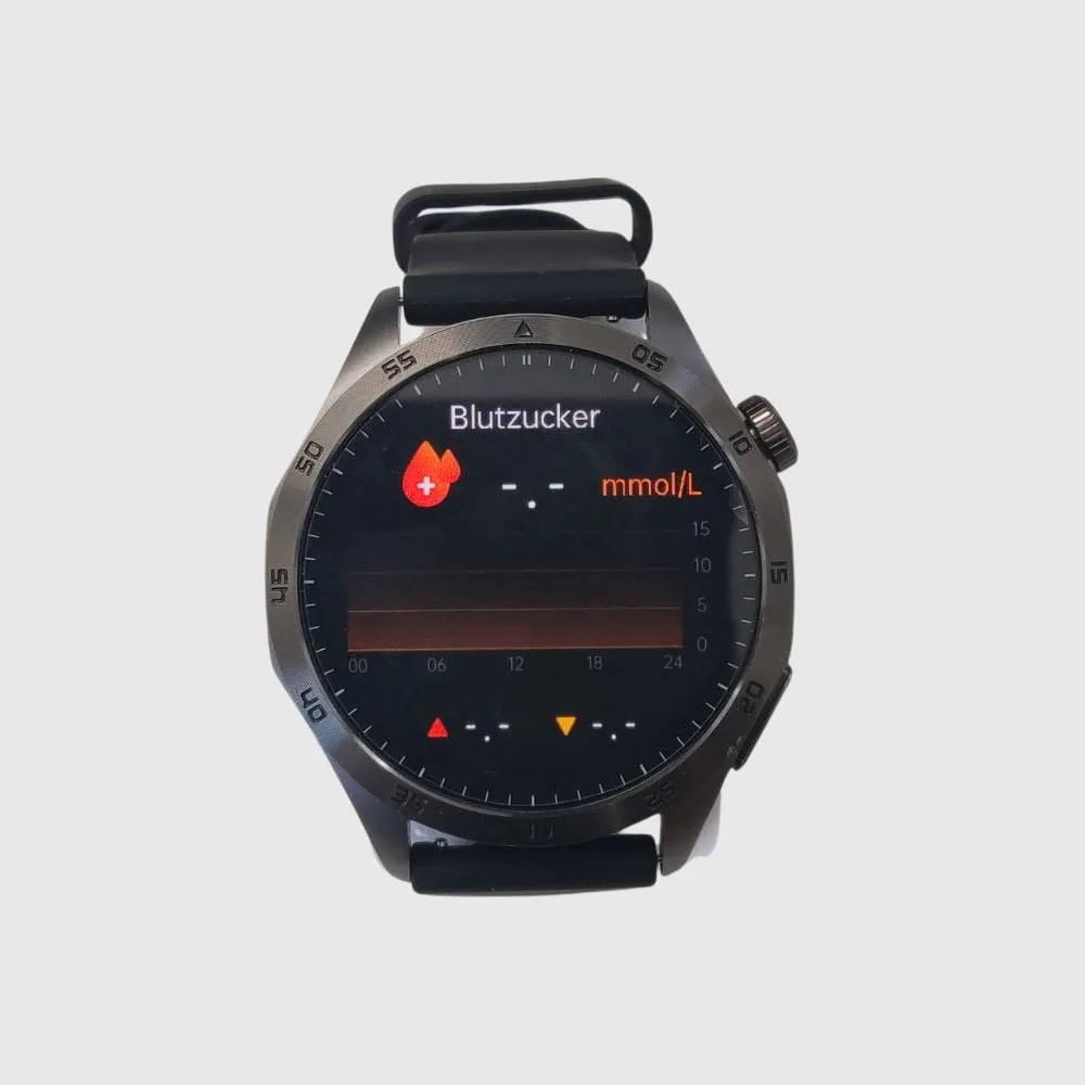 Smartwatch displaying blood sugar levels in mmol/L.