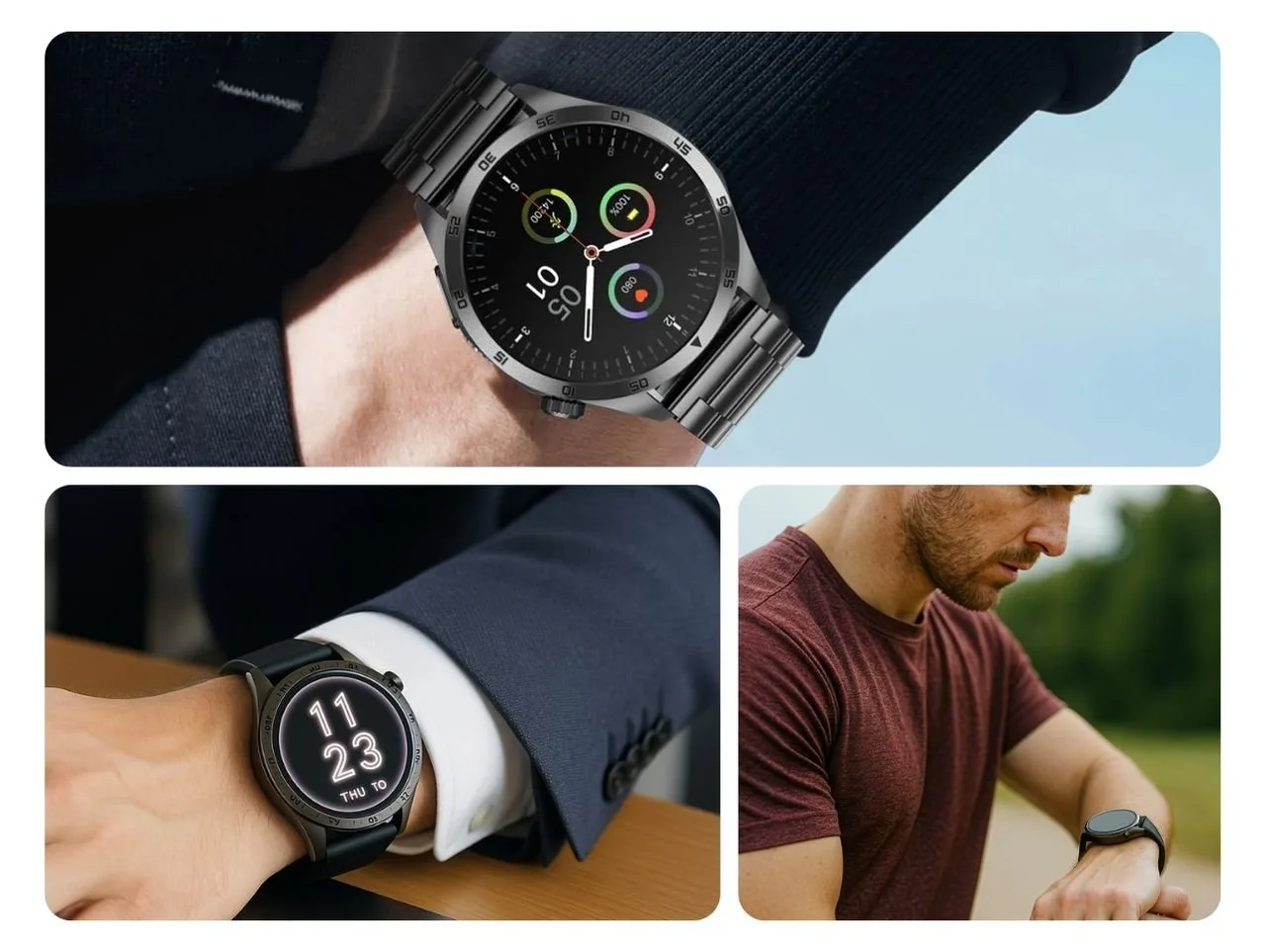 Collage of three images showing different smartwatches on wrists.