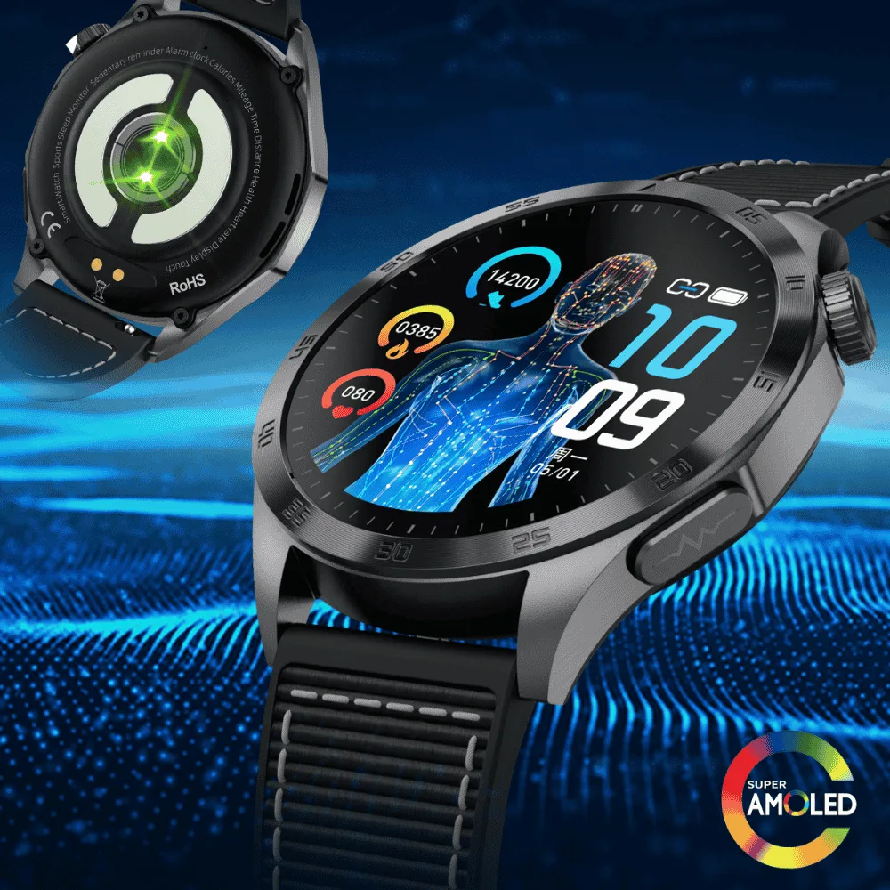Smartwatch with digital display and health tracking features, showing a futuristic interface.