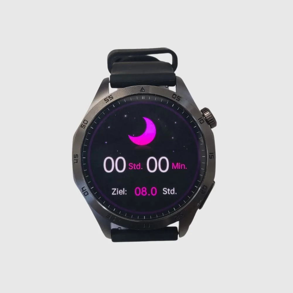 Smartwatch displaying sleep tracking screen with a pink crescent moon icon.