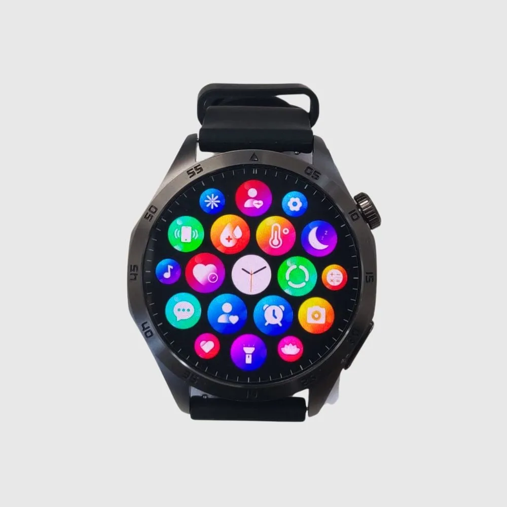 Smartwatch with colorful app icons on the screen.